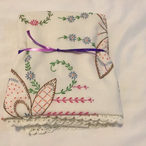 2 Vintage Hand Embroidered Pillow Cases Butterfly Floral w/Crochet Trim - Picture 5 of 10
